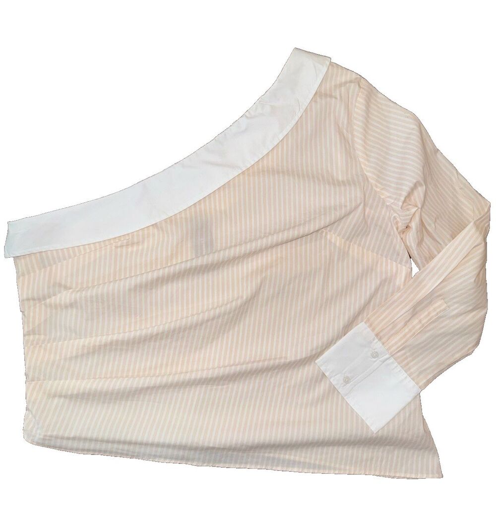 Express One Shoulder Stripe Poplin Shirt Peach White Pleated Long Sleeve NWT XL